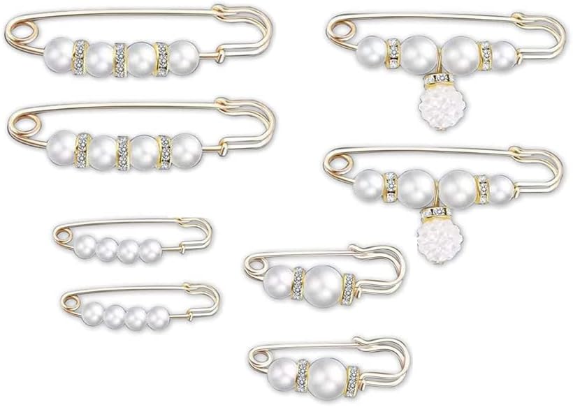 8 Pcs Pearl Brooch Pins Faux Pearl Rhinestones Brooches for Women Safety Pins for Clothes Sweater Shawl Clips Pants Extender Dressing Accessories