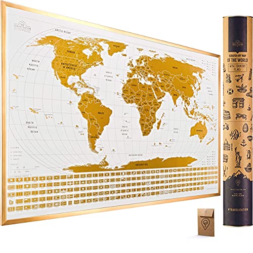 Travelization Scratch Off World Map with 196 Country Flags 24" x 17" Frameable Travel Map with Vibrant Colors and Premium Gold Coating, Beautiful Visited Places Tracker for Travelers, White