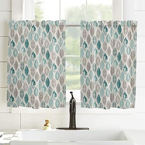 Leaf 2pc Kitchen Curtain Set Short Window Treatment Tiers Curtain Semi Blackout Curtains Rod Pocket Half Window Curtains 27.5"x45" Bathroom Bedroom Decor, Modern Art Teal Gray Leaves Retro Style