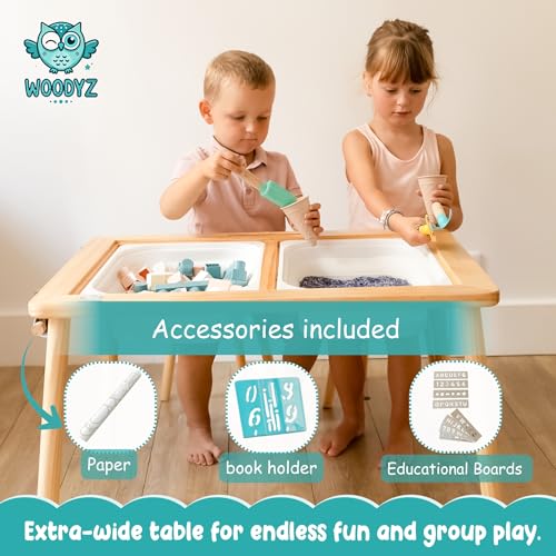 Image of Evolving Sensory Table For Toddlers with Chairs & Foldable Bins - Indoor Kids Arts And Crafts Table - Play a Montessori Activity with Sand - Book /Tablet Holder- (Paper & Accessories included)