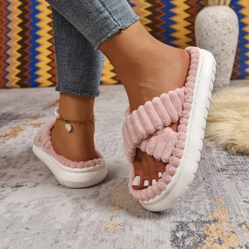 Slippers For Women Memory Foam Women's Cross Band Slipper Soft Plush Fleece Lightweight Non Slip Open Toe Flip Flop Shoes House Indoor Outdoor Fur Fuzzy Slides4