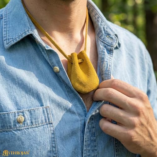 Image of Pack of 1 Mythrojan Small Trinket Pouches Suede Leather Drawstring Coin & Dice Bags for LARP, SCA, Viking & Medieval Events, Color : Yellow