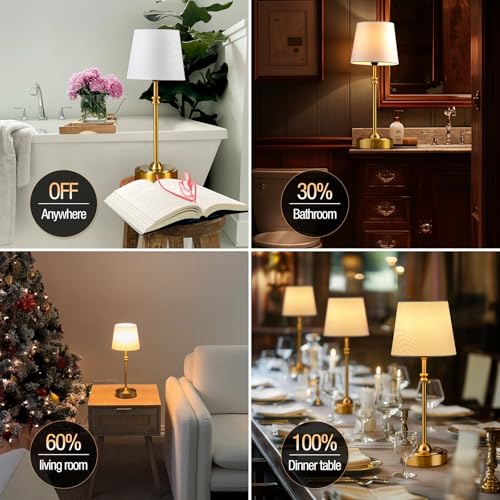 ONEWISH Cordless Lamp-Battery Operated Table lamp, 4000mAh Rechargeable, Stepless Dimmable, Small Touch Bedside Lamp with Fabric Shade, for Dining, Patio, Bathroom(Gold) - Thumbnail 6