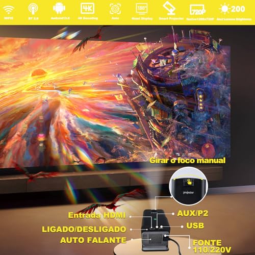 Projetor Portatil 5G Wifi 6, Bluetooth 5.0 e Android 13, Projetor Inteligente Full HD 4K, Auto de Co