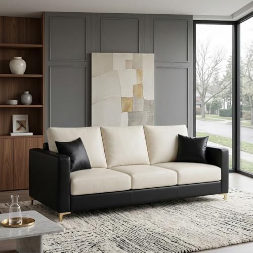 Image of Hayes Dual Tone Premium Leatherette 3 Seater Sofa | Golden Aesthetic Legs | Spacious Soft Touch Comfort Seating | Modern Sofa for Living Room (Black & Cream)