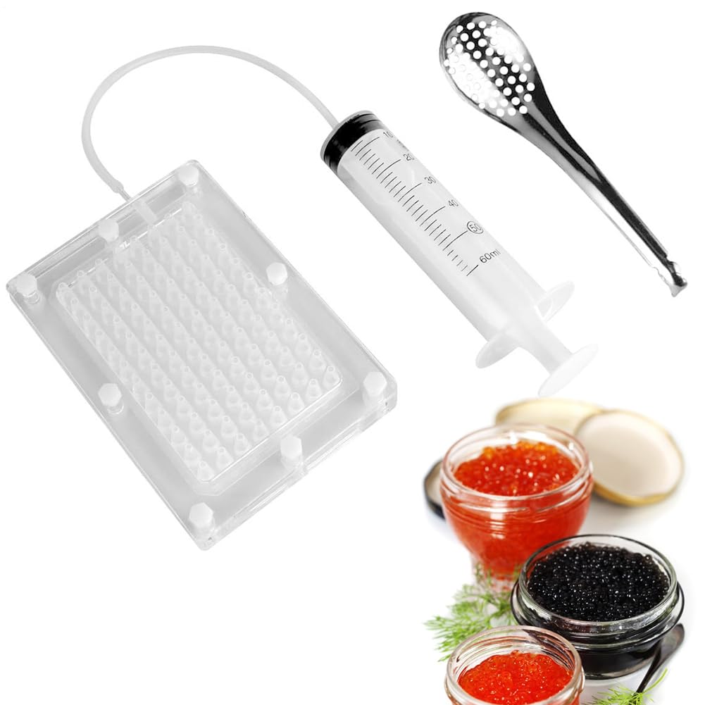 Kit Gastronomie Moléculaire – Acrylique 14x10cm | Boîte Fabricant De Caviar Avec Pipette | Distributeur De Sauce À 100 Trous Avec Cuillère Et Seringle Pour Cuisine Moléculaire Et Créative