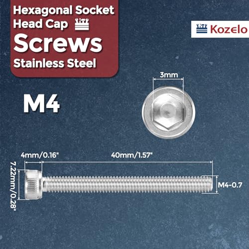 Kozelo 20 Stück Zylinderschrauben mit Innensechskant - [M4-0,7 x 40mm] 304 Edelstahl Vollgewinde Innensechskantschraube für Elektromotor 3D-Druck Lüfter Motorenaustausch, Silber