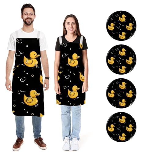 Tablier de cuisine en lin durable motif canards jaunes pour adulte