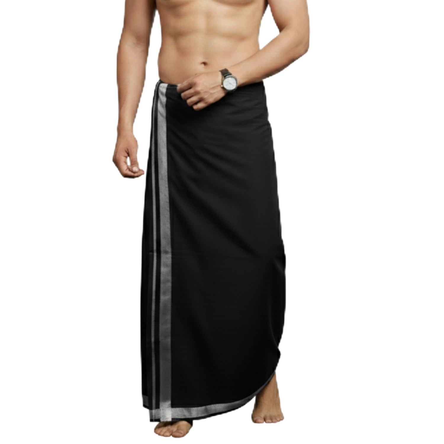 Black Cotton Blend Lungi for Men | 2 Metre Unstitched Traditional South Indian Dhoti/Mundu/Vesti with Simple Border | Daily, Casual & Festive Men’s Ethnic Cotton Lungi-image-17