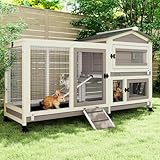 Rabbit Hutch Outdoor Indoor, 2 Story Wooden Bunny Cage with 6 Lockable Wheels, 3 Removable Deep No Leakage Pull Out Trays for Rabbit & Guinea Pig, Chew-Proof Ramp & Waterproof Roof, Grey