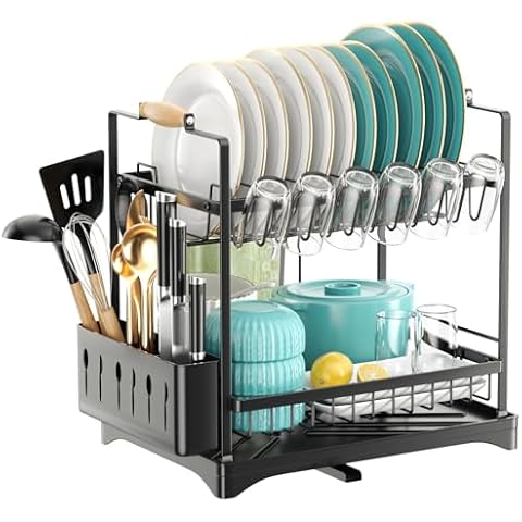 Housmile Dish Drying Rack, Large-Capacity Dish Rack for Kitchen Counter, Stainless Steel Dish Drainer, 2-Tier Drying Rack Kitchen Adjustable Height for Dishes, Knives, Spoons, and Forks, Black Cover