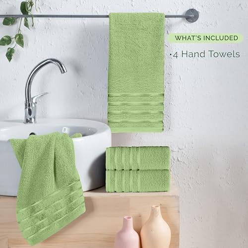 Image of Elegant Comfort 100% Turkish Cotton 4 Lines Viscose Stripe Luxury 4 Pack Hand Towel Set - Ultra Absorbent and Soft 16 x 28 Inch Premium Hotel Spa Quality Towels for Everyday Bath Use, Sage
