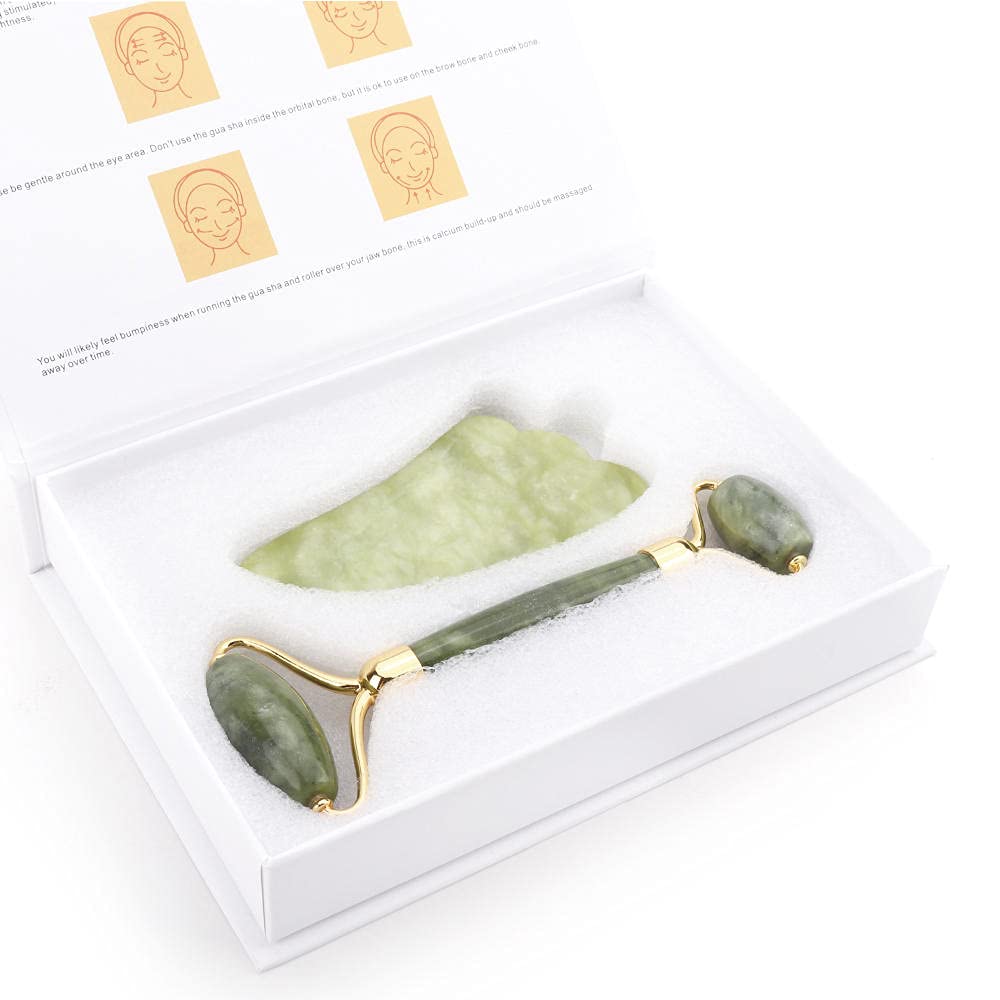 Juego de herramientas de masaje facial de rodillo de jade masajeador facial de piedra natural Guasha tabla de masaje Gua Sha Raspador de jade Rodillo y kit de guasha-B sin caja