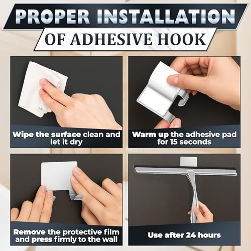 Image of Shower Door Squeegee with Hook - 14 inch Silicone Blade, Stainless Steel Squeegee for Shower Glass with Adhesive Mount - All-Purpose Bathroom Tile, Mirror, & Window Wiper for Streak-Free Cleaning (Silver)