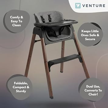 Venture Neyo 2-in-1 Foldable High Chair for Baby and Toddler, Convertible Baby Highchair with Wood Effect Legs, Removable Tray & Cushion, 5 Point Harness, Compact Folding (Black)