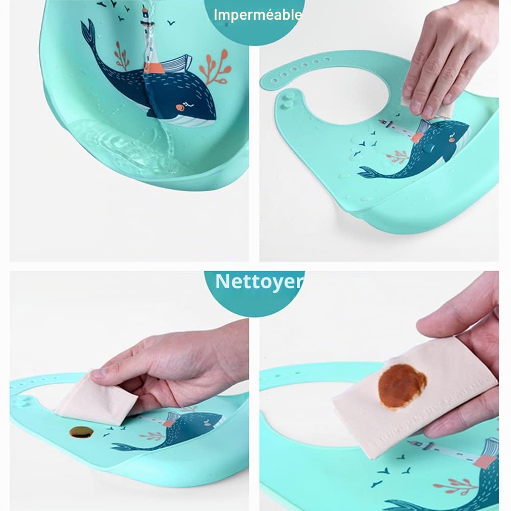 SLOSH Bavoirs Bébé Bavoir Silicone Souple Bavette Vert Recuperateur Imperméable Ajustable Enfant Waterproof Bavoir Repas