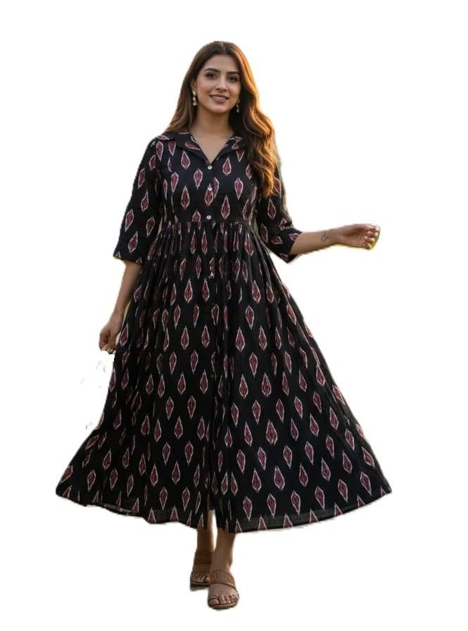 Women's Maroon Ikat Print Cotton Maternity Flared Kurti 3/4 Sleeve, V-Neck (in, Alpha, S, Regular, Black)-image-42