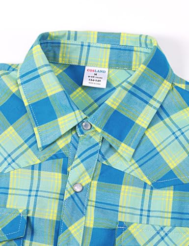 Image of COSLAND Boy's Toddler Cotton Western Short Sleeve Button Down Plaid Shirt, 4-14 Years