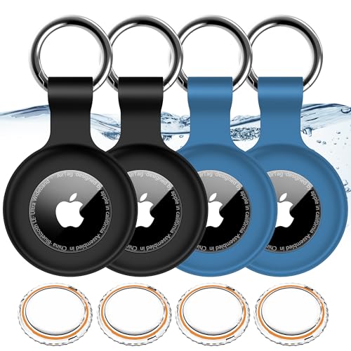 4 Pack,IPX8 Waterproof Airtag Holder for Apple Air Tags with Air Tag Keychain,Shockproof GPS Cover [Anti-Scratch] [PC+Silicone] Air-Tag Item Finders Case for Pets,Kids,Keys,Luggages-Black/Blue