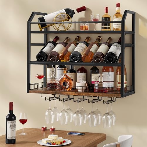 Image of Hoctieon Wall Mount Wine Rack, Wall Mounted Wine Bottle Rack for Display and Storage, Hanging Bottle Holder, for Living Room, Dining Room,Bar, Wine Cellar, Rustic Brown