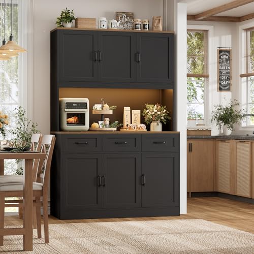 Image of HOSTACK Kitchen Pantry Cabinet, Tall Kitchen Hutch Cabinet, Black /Brown | 47 inchW Food Pantry Cabinet with Smart LED / Charging Station / Countertop / 3 Large Drawers, 72 inchH Storage Hutch for Dining Room