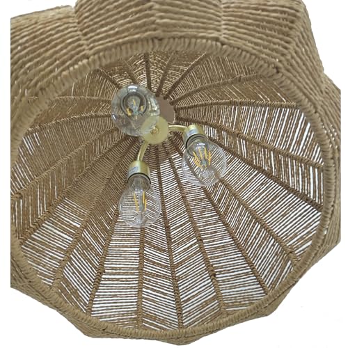 Image of 3-Light Rustic Twisted Rope Pendant Light with Gold Chain, Handcrafted Boho Hanging Ceiling Fixture, Natural Rattan Woven, E26 Bulb Compatible (16 inch)