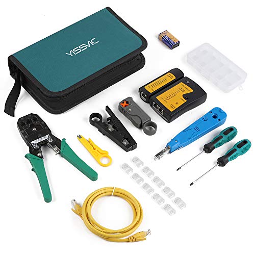 Yissvic 13 in 1 Strumenti Kit di Rete Professionali Manutenzione del Computer Ethernet LAN Tester, con RJ45 RJ11 Cat5 Cat6 Crimpatrice, Connettori, Strumenti di Riparazione