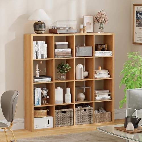 Jpiziso 16-Cube Storage Organizer Bookcase Thick Frame Wood Grain Storage Shelf Rectangular Cube Open Back Display Unit 48.8x9.4x48.8 Inches for Living Room Bedroom Home Office Natural Wood