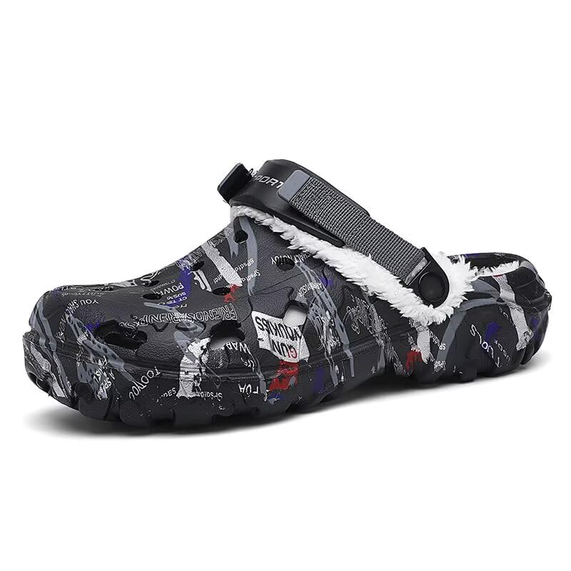 Image of Men's Graphic Fuzzy Lined Clogs Winter Slip On Shoes | Warm Plush Lined Clog Shoes with Vintage Printed Design, Lightweight Closed Toe Casual Footwear for Indoor Outdoor Daily Wear