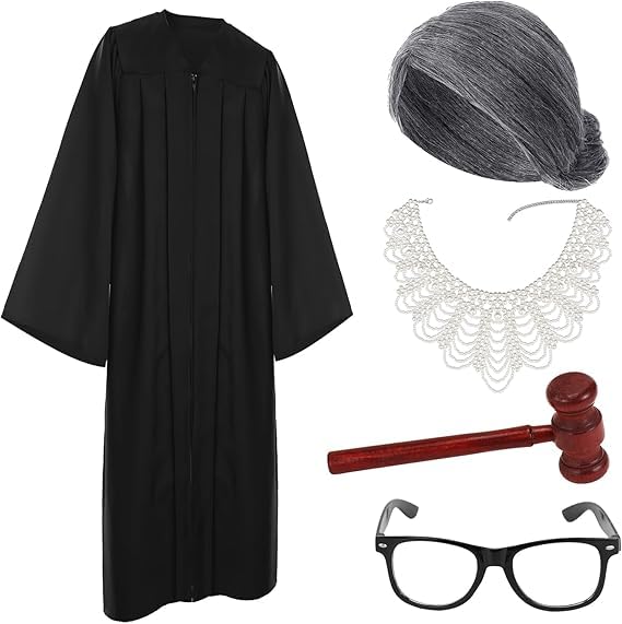 Malloom Lot de 5 costumes de juge pour femme avec perruque, marteau, lunettes, collier de perles, ensemble de costume pour adulte, Halloween, cosplay, soirées...