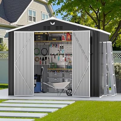 10x8 FT Outdoor Storage Shed, Metal Garden Shed, Storage Tool Sheds with Lockable Doors, Waterproof Outside Storage Building for Backyard, Patio (Black; Floor Not Included)