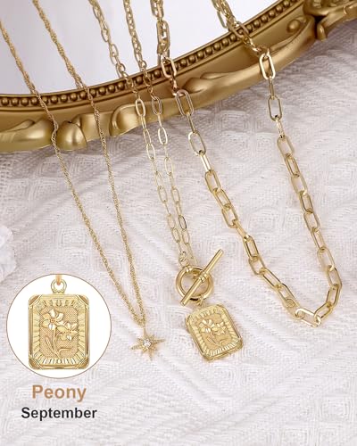 MJartoria Layered Necklaces for Women Trendy, 14K Gold Plated Brass Simple Star Choker Square Flower Pendant Necklace, Paperclip Chain Necklace, Gold Necklaces Jewelry Gifts4
