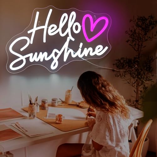Image of Hello Sunshine Neon Signs for Wall Decor White LED Neon Sign for Room Neon Light Sign for Wall Decor Birthday Party USB Powered