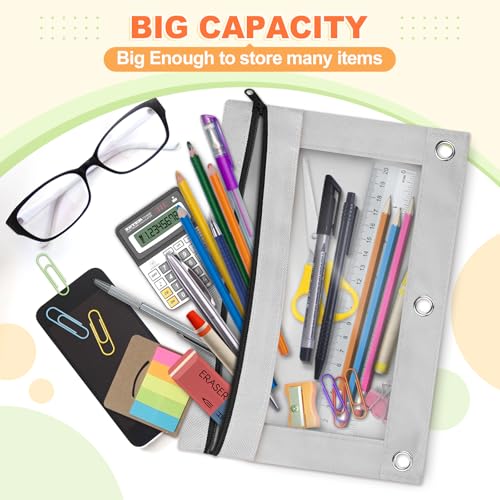 Image of Shemira Pencil Pouch for 3 Ring Binder, Binder Pencil Pouch with Smooth Zipper, Clear Window Pencil Case for Binder, Zipper Pencil Pouches, Big Capacity 3 Ring Binder Pencil Bag, Grey
