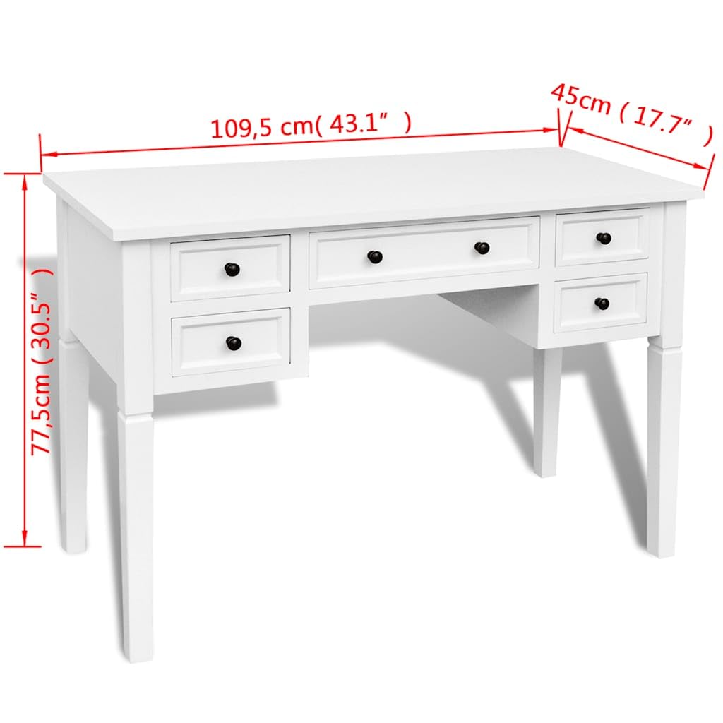Escritorio blanco con 5 cajones, MDF y madera de pino, 109,5 x 45 x 77,5 cm