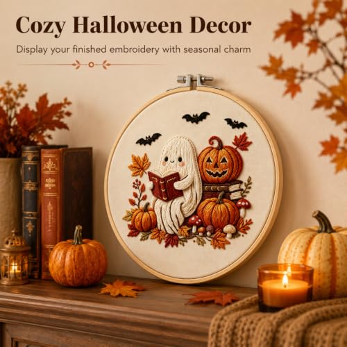 Image of YOUDRN Halloween Ghost Reading Book Embroidery Kit for Beginners Adults | DIY Halloween Embroidery Kits, Ghost, Fall Pumpkin, Maple Pattern, Cotton Threads, Needles, Instruction, 20 cm Hoop