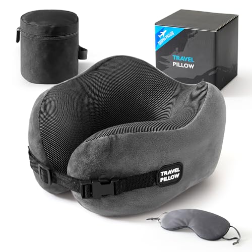 Image of Neck Pillow Travel Pillow - 100% Pure Memory Foam Airplane Pillow with Adjustable Clasp & Removable Cover, Portable Travel Essentials for Long Flights, Car & Office (Dark Gray, with Eye Mask)