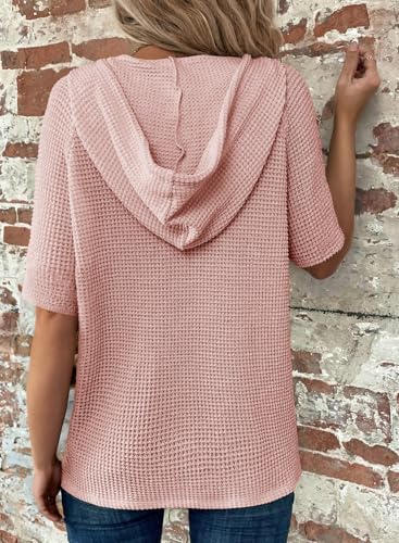 Image of Dokotoo Womens Summer Tops Waffle Knit Short Sleeve Lightweight Drawstring Hoodies Button V Neck Casual Blouses Shirts