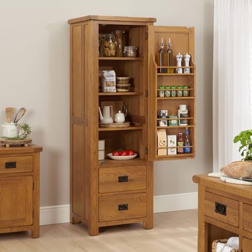 The Furniture Market Rustic Oak Single Kitchen Larder Pantry Cupboard – Solid Wood Storage Unit with Adjustable Shelves, Matt Black Metal Handles – Fully Assembled - H 1900 x W 645 x D 560mm