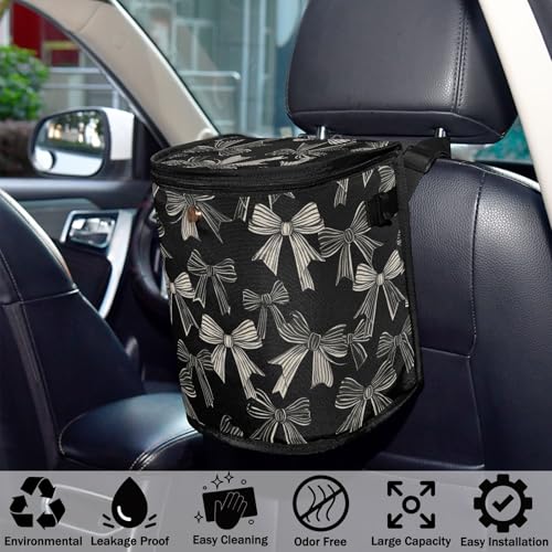 Image of Car Trash Can Black White Bow Car Garbage Bag with Lid Hanging Waterproof Leak Proof Vehicle Storage Bin