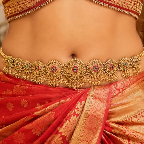 Image of VAMA FASHIONS Adjustable 18K Gold Plated Anti Tarnish Antique Vaddanam Kamarbandh Belly Chain Bridal Saree Waist Hip Belt Round Floral Ruby Green Stone Beads Drops South Indian Temple Jewelry for Women