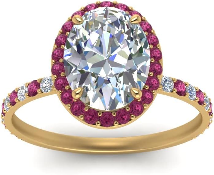 Choose Your Gemstone 14k Yellow Gold Plated Oval Shape Halo Engagement Rings for Women, Bridal, Wedding, Engagement, Birthday, Birthstone Ring : US Size 4 to 12