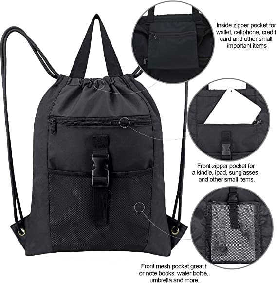 BeeGreen Black Drawstring Backpack Bag Large Gym Sports String Bags with Inside Pouch Waterproof Cinch Bag Sackpack