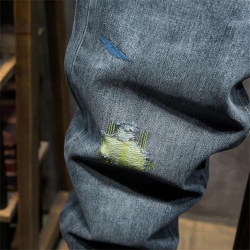 Men Spring Hip Hop Harem Fit Baggy Pants Patchwork Embroidery Wide Leg Distressed Jeans Trousers3