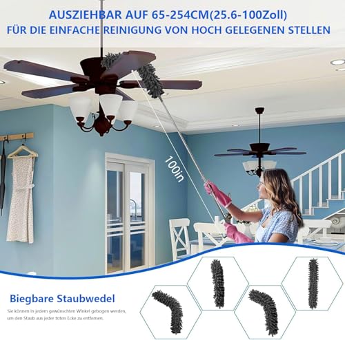 Staubwedel Teleskop Waschbar Mikrofaser Duster Lang Ausziehbar Bis 254cm,7 Stück Staubwedel Lang Ausziehbar,Staubmagnet Verbiegbare Staubfänger Spinnenwebenentferner für hohe Decken Deckenventilator