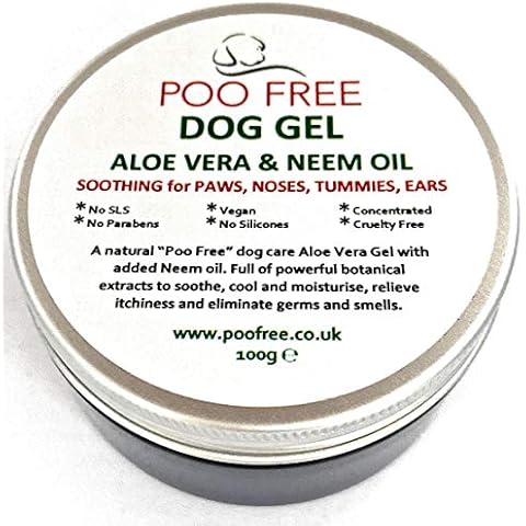 POO FREE DOG ITCHY SKIN GEL - 99% NATURAL - ALOE VERA & NEEM - 100 g Gel Soothes, Cools, Moisturises, Relieves Itchiness, Deters bugs and Eliminates Smells. Non Greasy, Rapidly Absorbed Cover