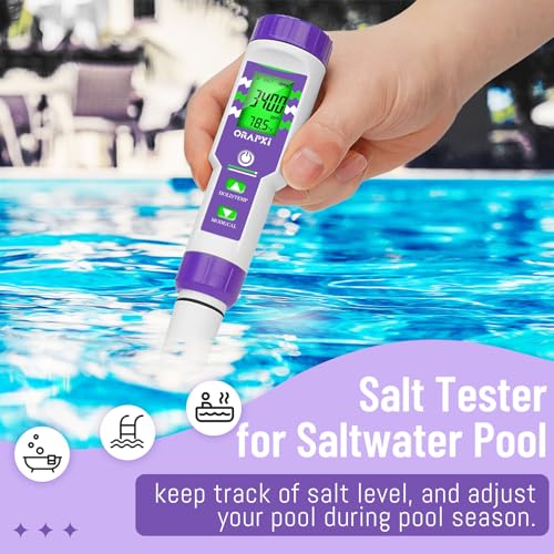 ORAPXI Pool pH Meter and Salinity Tester 6 in 1 Salinity pH ORP TDS EC and Temp Tester pH and Salt Meter Saltwater Pool Test Kit for Swimming Pool Hot Tubs and Spas