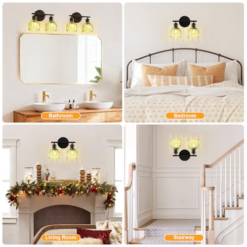 Image of Bathroom Light Fixtures, 2-Light Black Vanity Lights for Bathroom with Green Tulip Glass Shade, 12 inch Vintage Bathroom Vanity Lighting Fixtures Over Mirror for Bedroom Living Room Hallway
