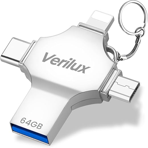 Verilux® Flash Drive 64GB 4 in 1 Pendrive with Light-ning, Micro USB, USB A, Type-C Interface Mini Hangable Pen Drive for iOS & Android Compatible…