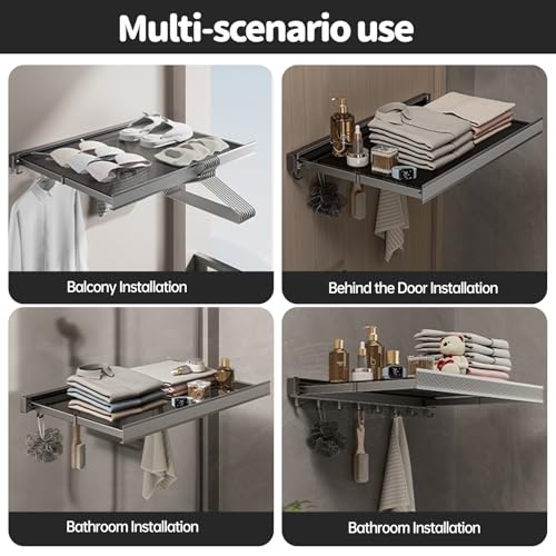 Qiundar Wäschetrockner ausziehbar Wand Wäscheständer klappbar,Multifunktionaler Mesh-Organizer mit 8 Haken,wandmontiert Wäscheständer No-Punch Badezimmer-Organizer Grau 60cm